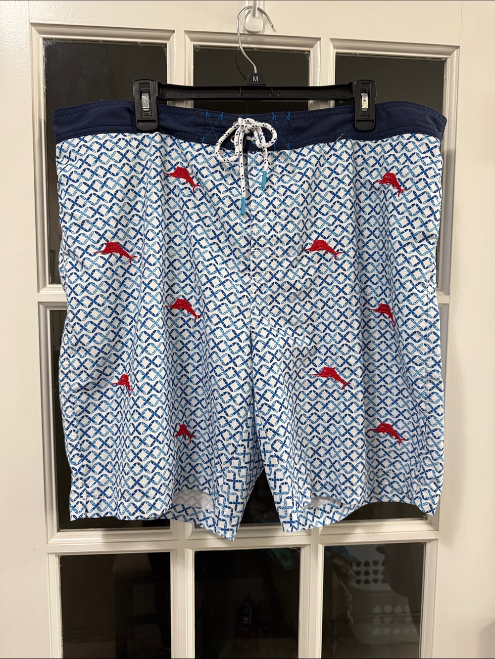 Tommy Bahama Blue Patterned Swim Shorts with Red Dolphin Motif